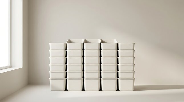 Stack of empty plastic storage bins for home organization in a bright minimal room. stackable bin setup