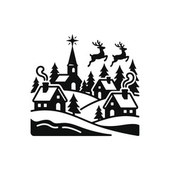 Obraz premium Clean Black and White Minimalist Holiday Village Scene with Reindeer Church Houses and Snowy Landscape