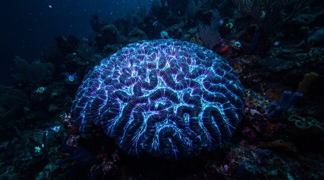 Close-up of a vibrant blue brain coral in a dark ocean reef showcasing intricate patterns for underwater exploration and marine biology concepts