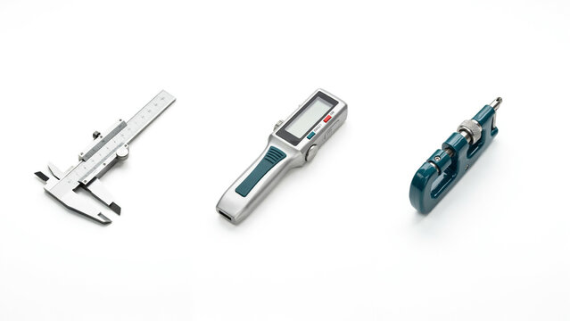 Three different precision measuring tools including calipers and digital gauges on white