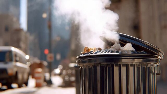 Urban Steam: A steaming trash can on a city street, with blurred buildings and traffic in the background, highlighting urban decay and environmental concerns.