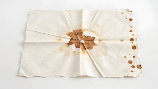 A piece of textured offwhite paper with a large brown coffee stain in the center and scattered droplets along the right edge, isolated on white background