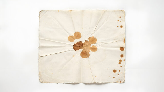 A square piece of textured handmade paper with a central brown coffee stain and radiating fold lines, isolated on white background