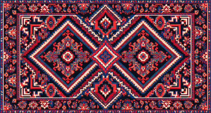 Oriental Rug Pattern Background With Geometric Diamonds And Floral Motifs