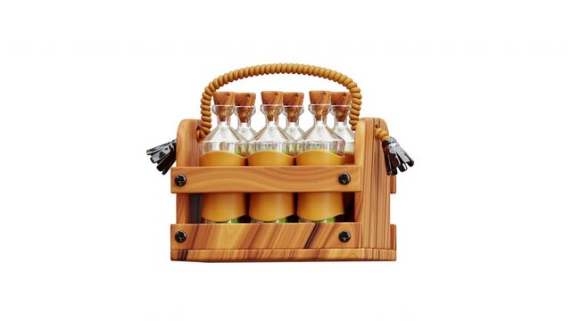 3d animation fantasy alchemy potion bottles wooden crate carrier isolated white background