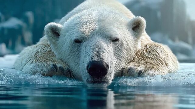 A Peaceful Polar Bear Resting on Ice Floe: A majestic polar bear rests on a melting ice floe, its eyes closed in a moment of calm amidst the stark beauty of the Arctic.