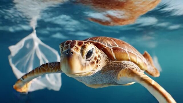 Sea Turtle and Plastic Bag Pollution: A sea turtle swims in clear blue water, its path obstructed by a drifting plastic bag, highlighting the devastating impact of pollution on marine life.