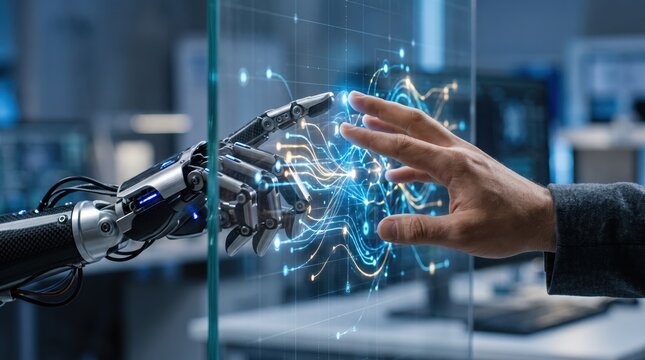 Human hand touching robotic hand through digital interface, artificial intelligence, future technology, human robot interaction, cybernetics, innovation concept