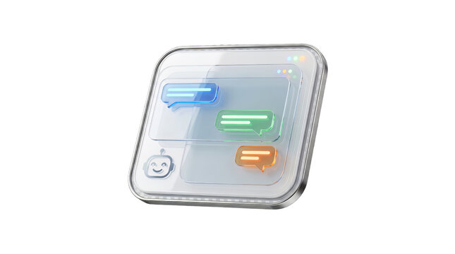 Messaging app glass icon features vibrant chat speech bubbles floating over a glossy translucent surface.