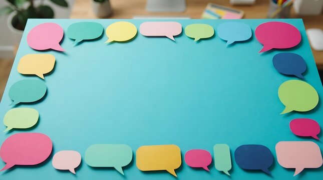 Colorful Speech Bubbles Border: A vibrant collection of empty speech bubbles in various colors arranged in a rectangular frame on a teal surface, representing communication and ideas.