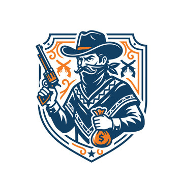 Cowboy outlaw bandit with revolver and money bag shield.