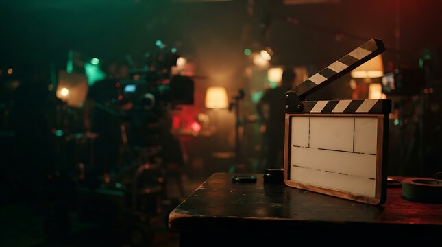 Movie Production Clapperboard: A classic movie production clapperboard rests on a table in a dimly lit studio, ready for action with the vibrant hues of red and green lights illuminating the scene.