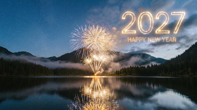 Happy New Year 2027 fireworks display over a mountain lake at night