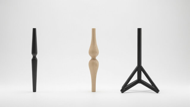 Three distinctive furniture legs in black and natural wood finishes on a plain white background