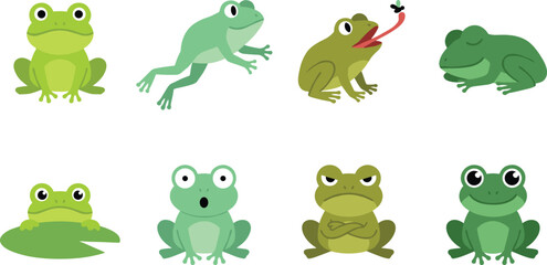 Fototapeta premium Cute green frog character vector icon set showing different emotions jumping catching fly and sitting on lily pad for children graphic designs