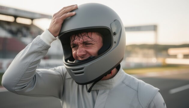 Disappointment on the Track: A race car driver in a grey helmet and racing suit expresses frustration and dismay, clutching his head after a setback on the racetrack.
