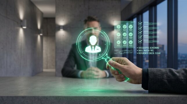 Hiring manager using digital magnifying glass to analyze candidate profile with ai screening and skill matching technology