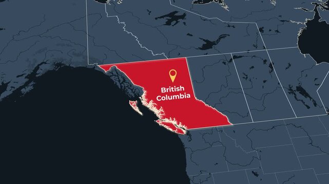 Animated map of British Columbia, Canada, highlighting the province, Animated map of British Columbia, Canada, highlighting the province boundary and location within Canada. Useful for geography, educ