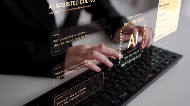 A person types on a keyboard. A planning application serves as an example of conversational software creation, where AI-generated code and interface feedback support continued refinement.