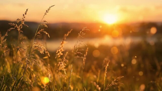 Golden Hour Sunlight Glowing Over Wild Meadow Grass Motion Background