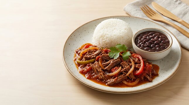 Traditional shredded beef with rice and black beans on a plate. ropa vieja