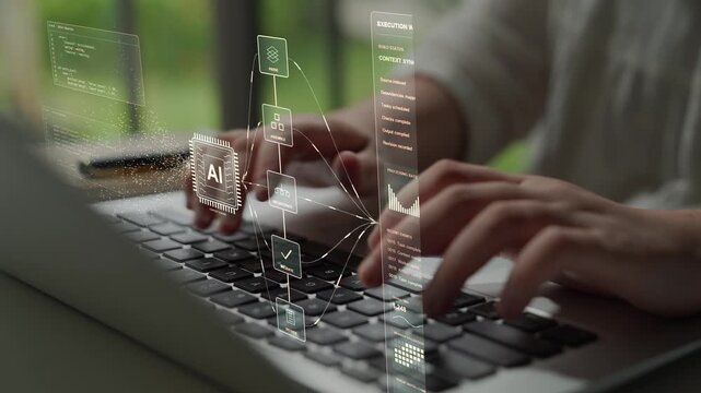 Hands type on a laptop. An AI software pipeline organizes incoming code through contextual analysis, connecting parsing and assembly with validation and the tracking of execution results.