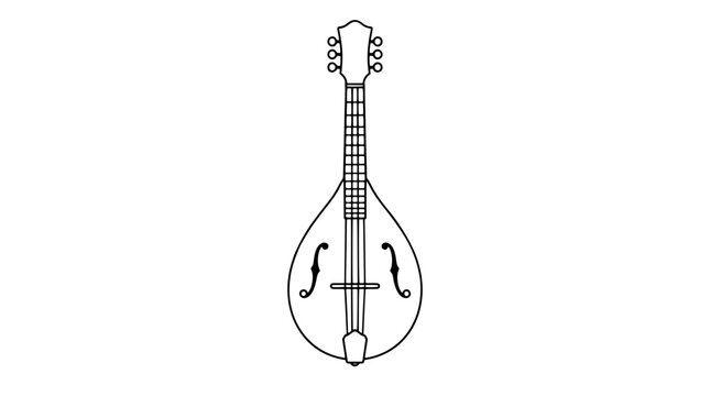 Hand-drawn vector icon of a classic pear-shaped mandolin with elegant twin f-holes, detailed strings, frets, and tuning pegs on a long neck. Traditional acoustic string instrument illustration for