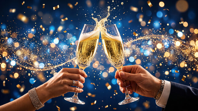 Happy New Year Champagne Toast Celebration with Golden Glitter on Blue Bokeh Background