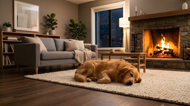 Golden retriever sleeping on rug in cozy living room with fireplace