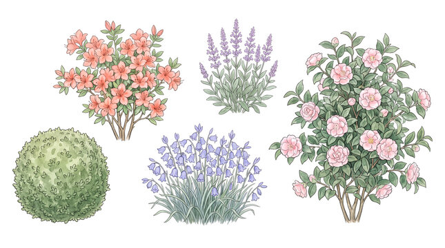Watercolor garden plants and shrubs with azalea, lavender, camellia