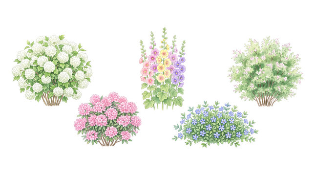 Watercolor garden plants and shrubs with viburnum, azalea, hollyhocks