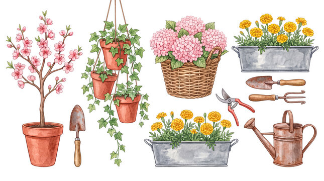 Watercolor collection of potted plants, flowers and gardening tools