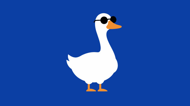 Cool white goose wearing black sunglasses on blue background flat illustration
