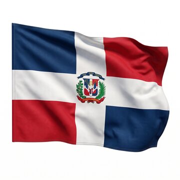 Dominican Republic flag waving on white background, national flag of Dominican Republic with coat of arms, Caribbean patriotic symbol with fabric texture