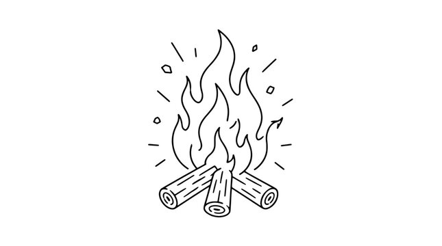 Roaring bonfire vector icon with crackling flames and glowing wood sparks. Hand-drawn campfire illustration featuring stacked logs and scattered embers for outdoor adventure designs