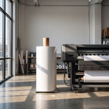 Industrial wide format printer in professional print shop, large paper roll for digital printing, commercial signage production facility with sunlight