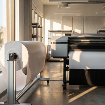 Industrial wide format printer in professional print shop, large paper roll on stand, commercial printing equipment in bright modern studio