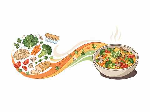 Colorful flat illustration depicting fresh vegetables, grains, and bread flowing along a wavy path, becoming a steaming, hearty meal in a white bowl, ideal for nutrition marketing.