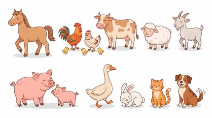 Fototapeta premium A charming set of cute and friendly hand-drawn vector farm animals, featuring a horse, rooster, cow, sheep, goat, pigs, goose, rabbit, cat, and dog on a clean white background.