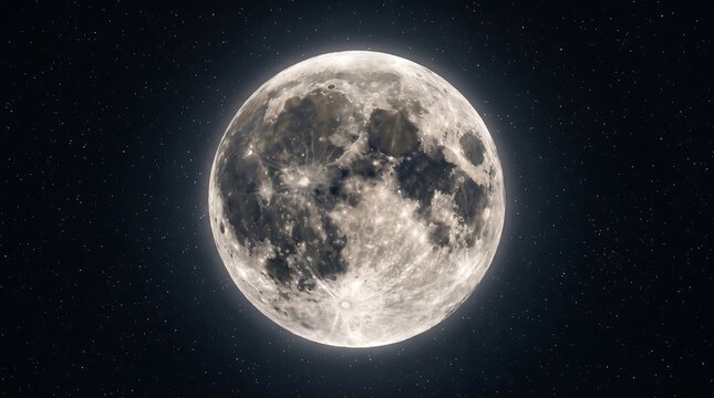 Bright Full Moon Against Starry Night Sky