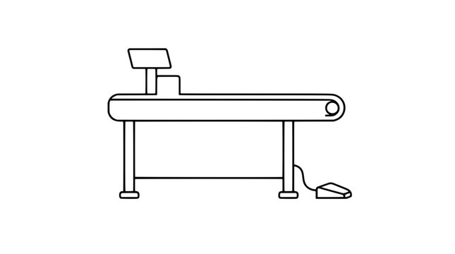 Supermarket checkout conveyor belt with foot pedal vector icon illustration - retail payment system equipment, grocery store cashier station line art design element - detailed commercial stock