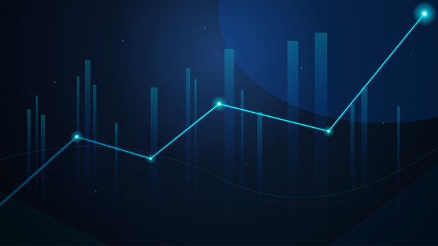 Digital financial growth chart with glowing line graph and bar columns on dark blue background, business data visualization . Vector illustration.