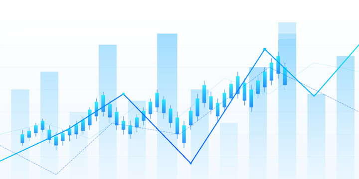 Financial stock market chart with candlestick patterns and trend line showing market fluctuations . Vector illustration.