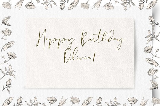 Elegant floral border invitation card with golden happy birthday olivia calligraphy