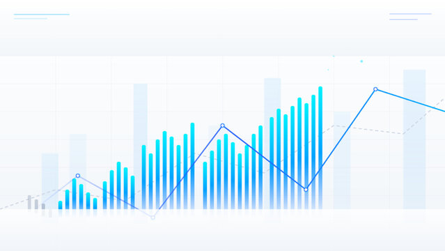 Abstract financial chart with blue bar graphs and trend lines representing business growth and data analysis . Vector illustration.