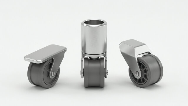 Three industrial caster wheels with metallic mounts and grey rubber tires on white background