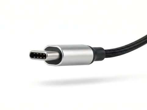 Modern usb-c charging cable connector head isolated on white background with usb c tech accessories c type high speed