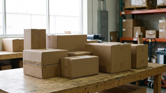 Interior of a new home featuring a stack of brown cardboard moving boxes ready for packing and storage