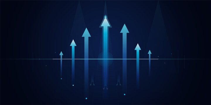 Abstract business growth concept with upward pointing arrows and digital lines on a dark blue background . Vector illustration.