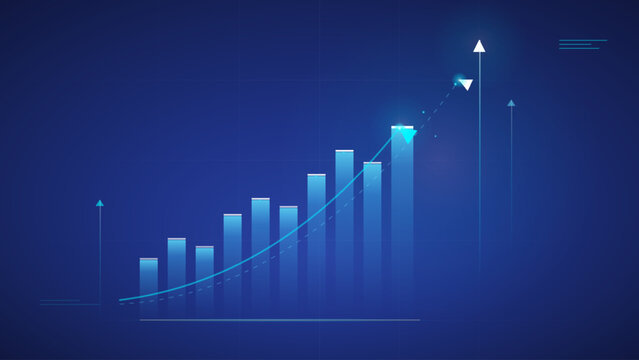 Abstract business growth chart with rising bars and upward trend arrow on a dark blue background . Vector illustration.